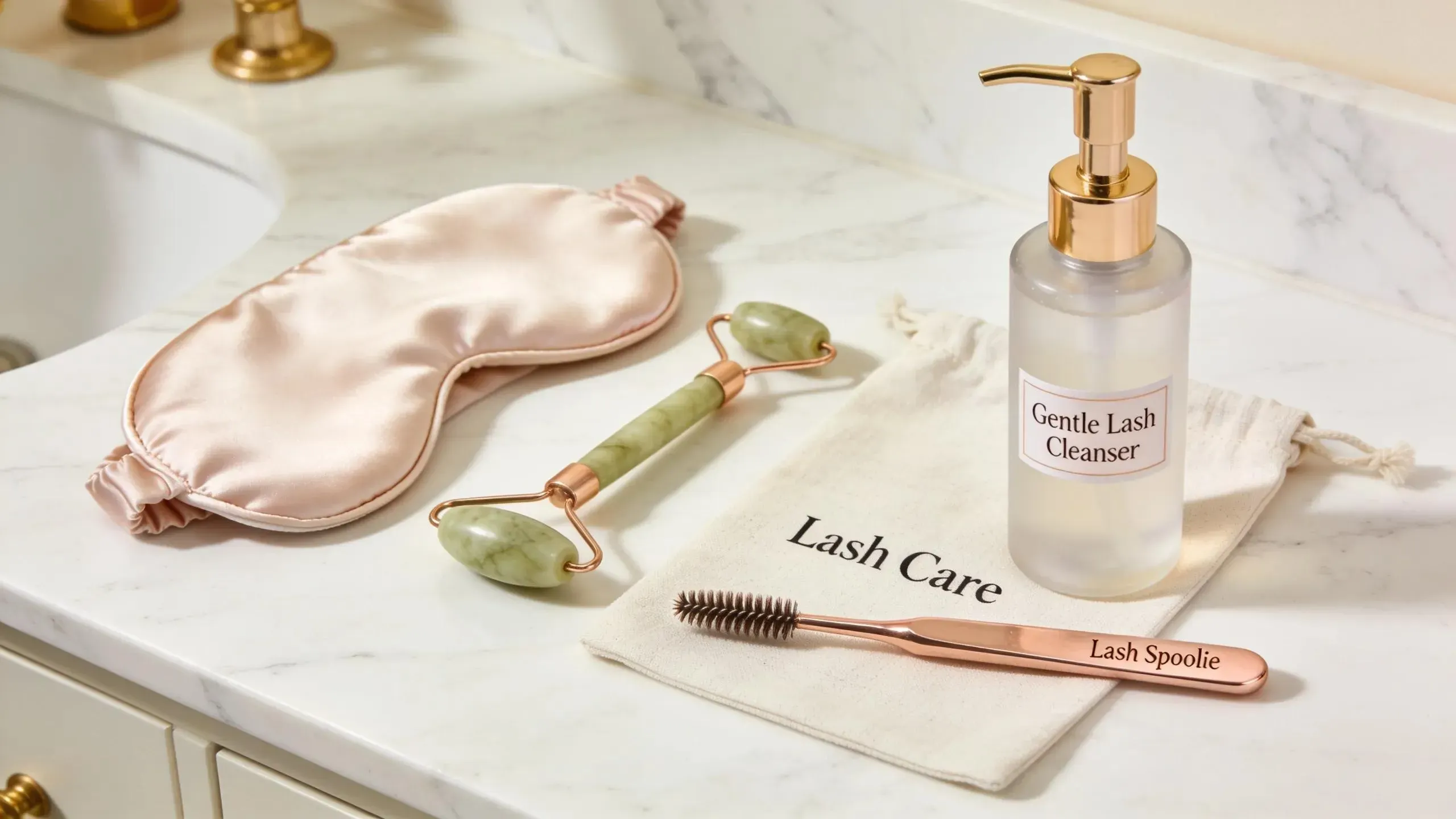 Lash care products for maintaining hybrid lashes, including a cleanser and a spoolie brush on a vanity